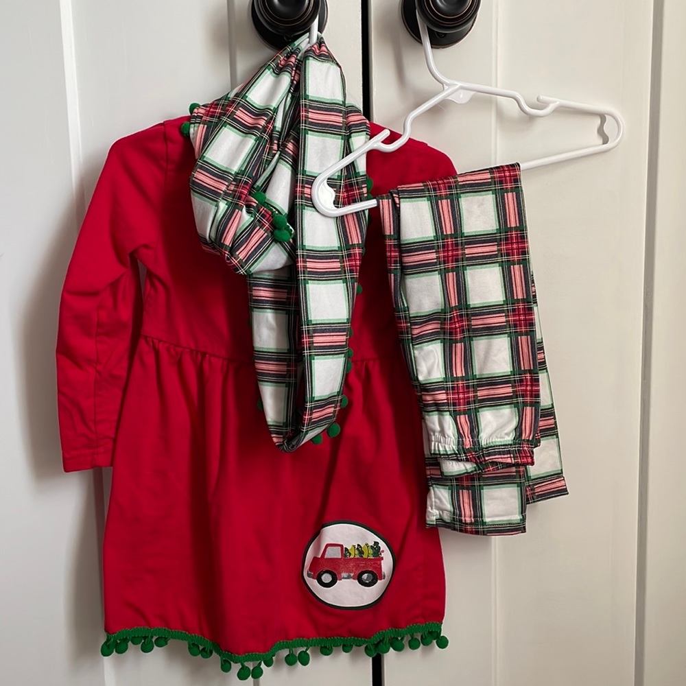 Festive red truck outfit with Pom Pom infinity scarf